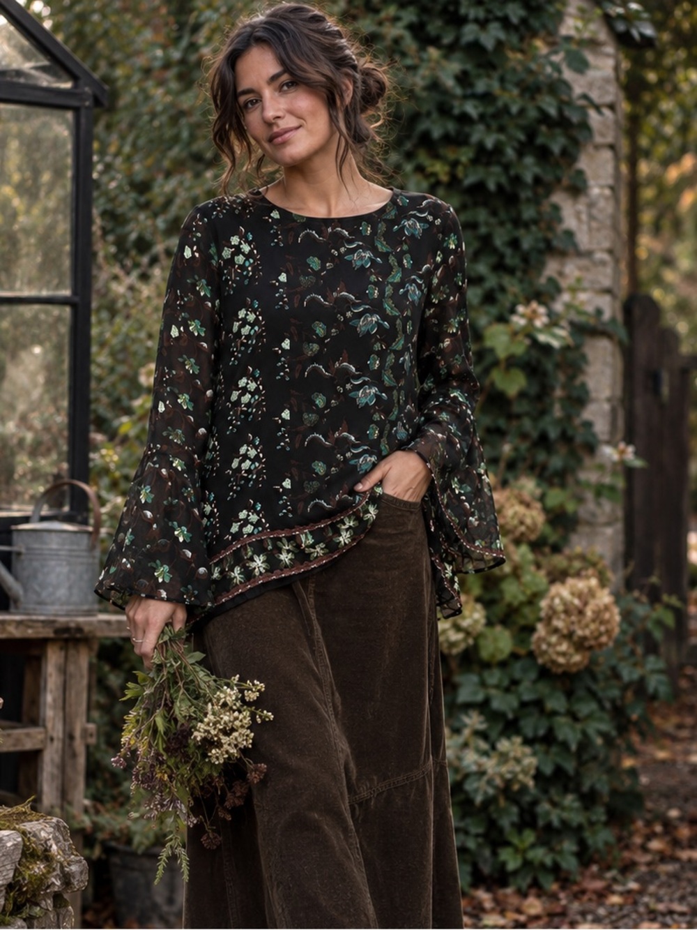 Long Sleeve Flowy Max Edition Blouse/Tunic | Dark Floral | Size XL